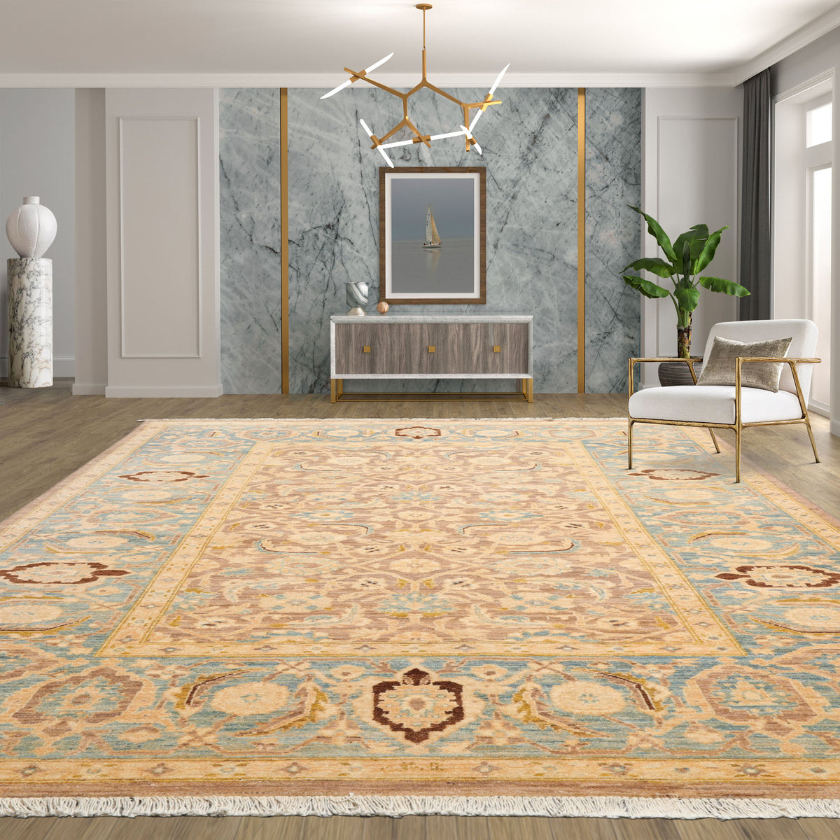 6x9 Taupe, Aqua, Brown Color Hand Knotted All-Over 100% Wool Traditional Oriental Rug