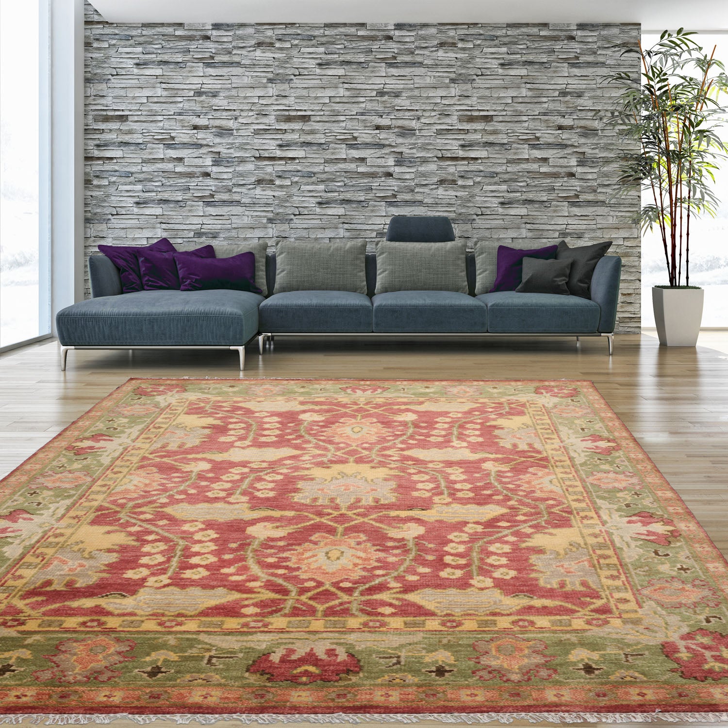 10' x14'  Raspberry Green Gold Color Hand Knotted All-Over 100% Wool Arts & Crafts Oriental Rug