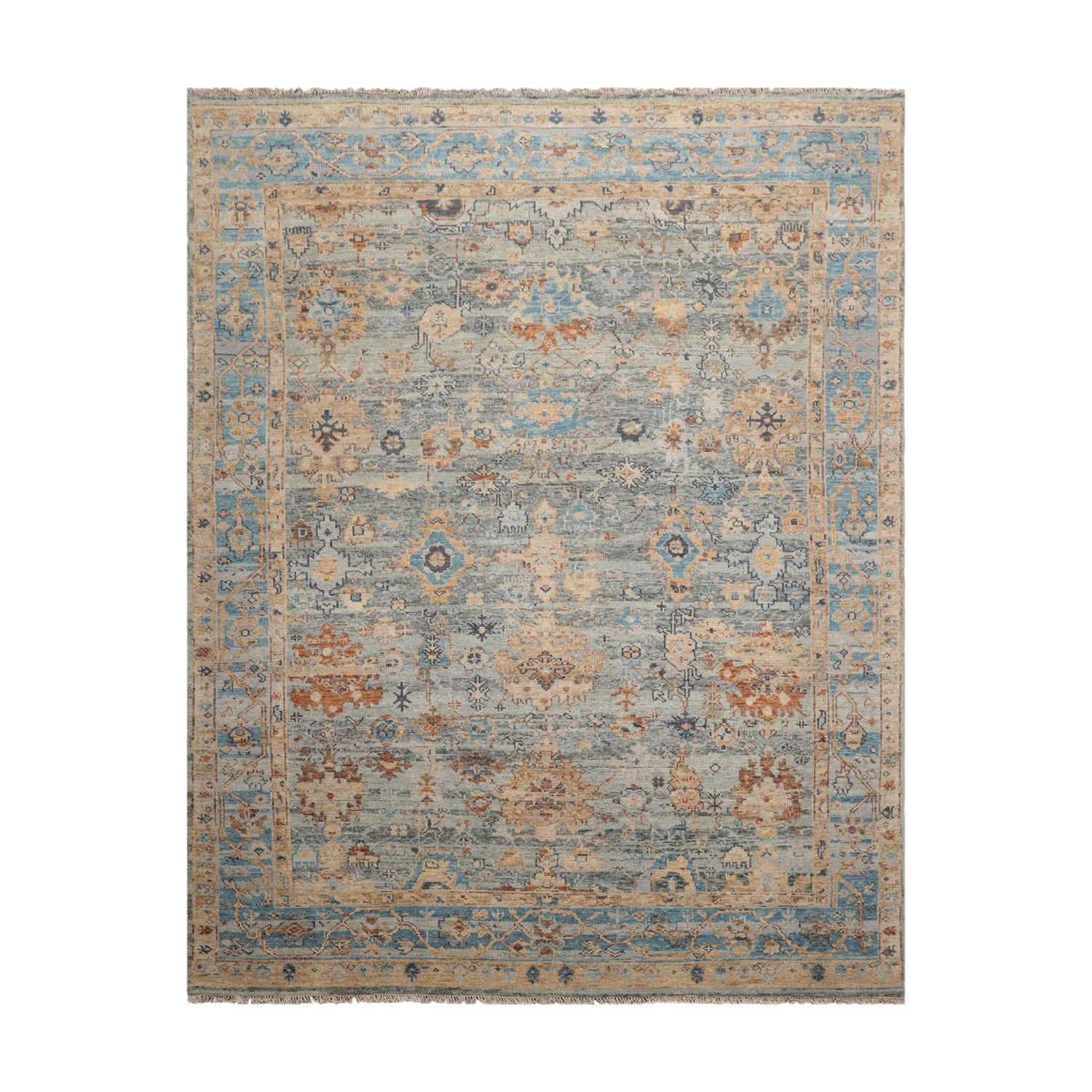 7' 10''x10'  Gray Aqua Tan Color Hand Knotted Oushak 100% Wool Traditional Oriental Rug