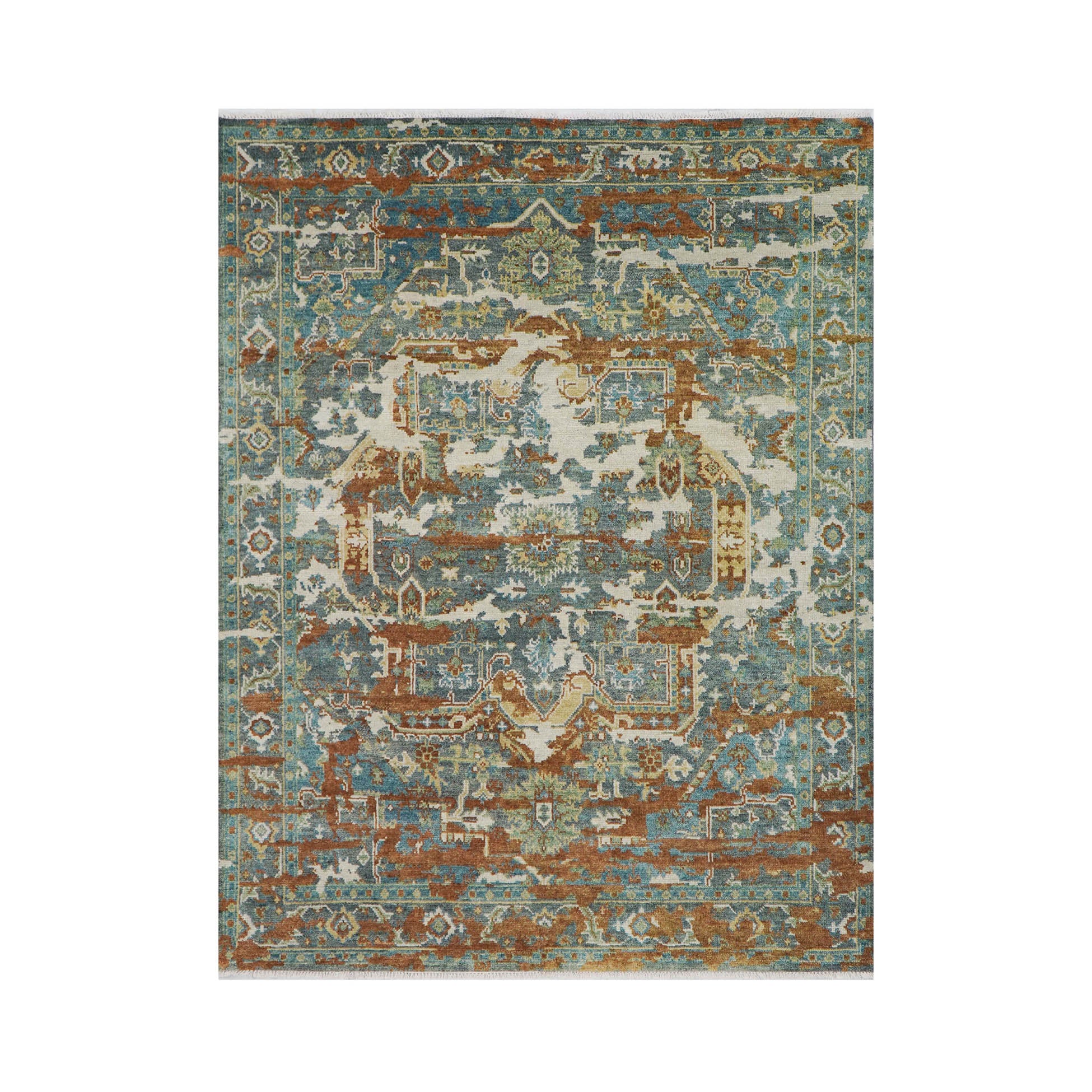 7' 10''x10' 1'' Beige Rust Aqua Color Hand Knotted Turkish Oushak  100% Wool Transitional Oriental Rug