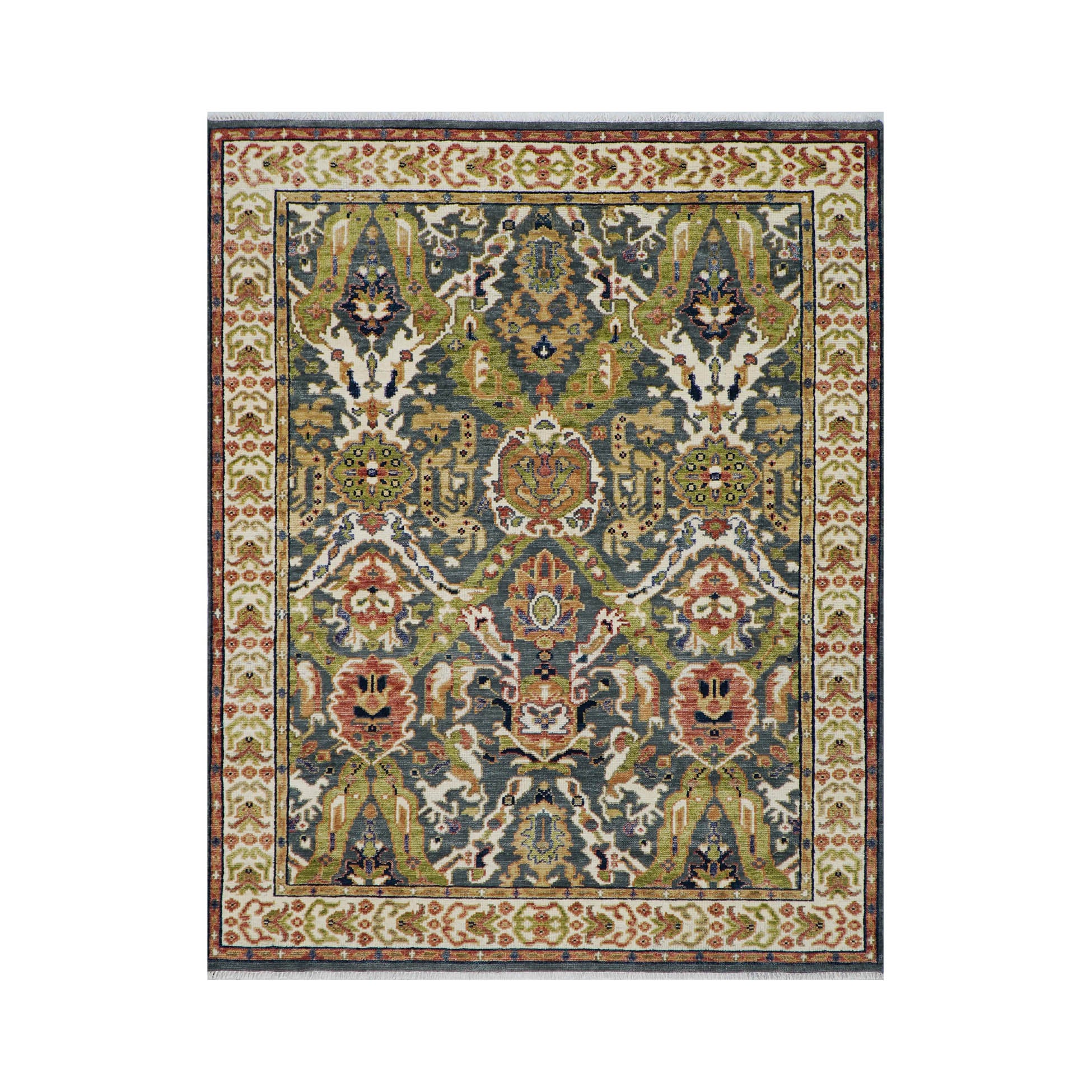 8' 2''x10' 2'' Grayish Blue Lime Peach Color Hand Knotted Turkish Oushak  100% Wool Transitional Oriental Rug
