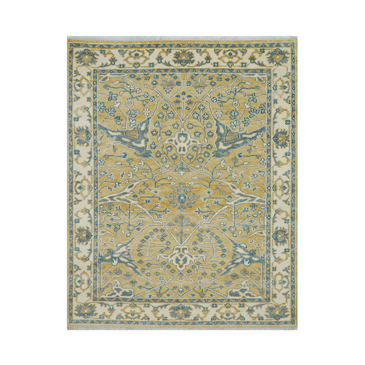 8' x9' 11'' Mustard Ivory Blue Color Hand Knotted Turkish Oushak  100% Wool Transitional Oriental Rug