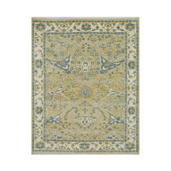 8' x9' 11'' Mustard Ivory Blue Color Hand Knotted Turkish Oushak  100% Wool Transitional Oriental Rug