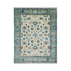7' 9''x9' 11'' Beige Aqua Blue Color Hand Knotted Turkish Oushak  100% Wool Transitional Oriental Rug