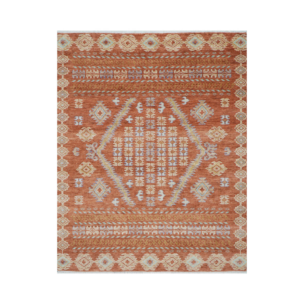 8' 1''x10'  Teracotta Aqua Light Gold Color Hand Knotted Turkish Oushak  100% Wool Transitional Oriental Rug
