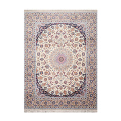8' 5''x11' 9'' Cream Taupe Blue Color Hand Knotted Persian Wool and Silk Traditional Oriental Rug