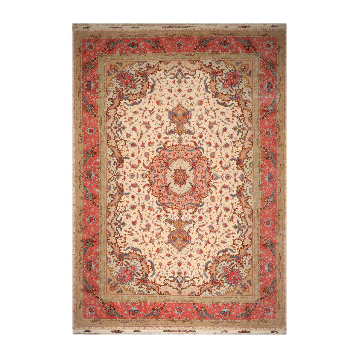 11' 7''x16' 9'' Ivory Rose Pink Color Hand Knotted Persian Wool and Silk Traditional Oriental Rug