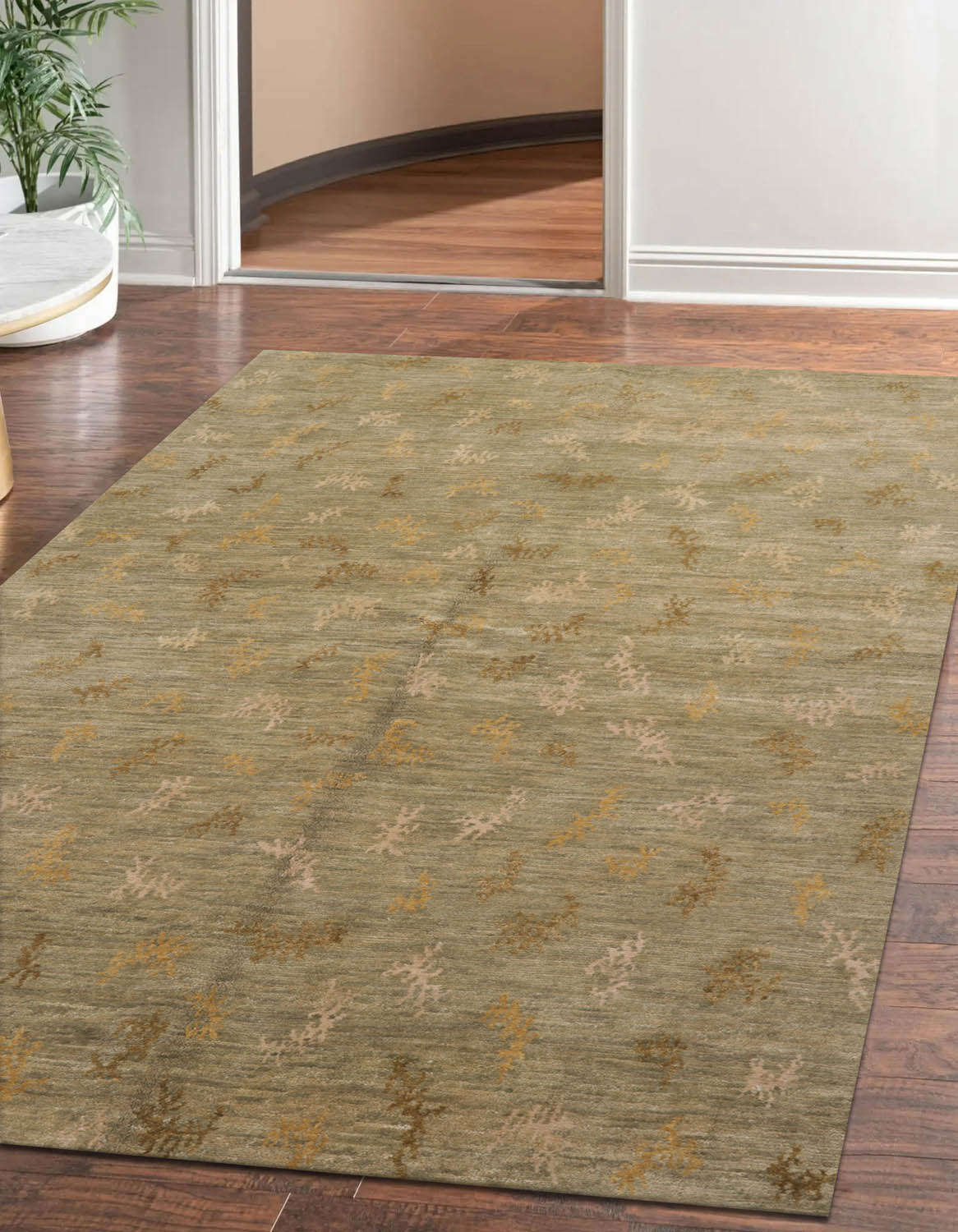 5' 1''x7' 2'' Moss Beige Gold Color Hand Knotted Tibetan 100% Wool Transitional Oriental Rug
