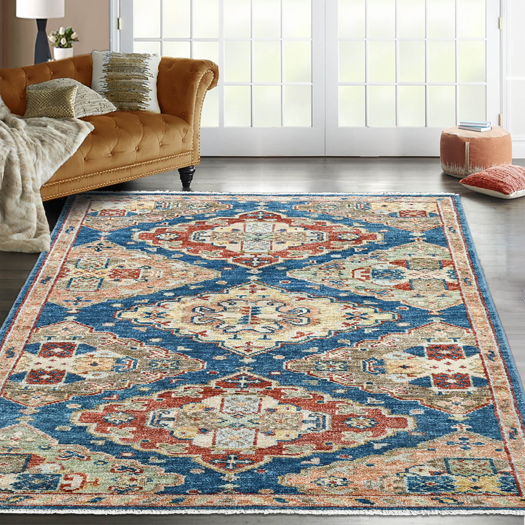5' 1''x8'  Blue Rust Beige Color Hand Knotted Indo Oushak  100% Wool Arts & Crafts Oriental Rug