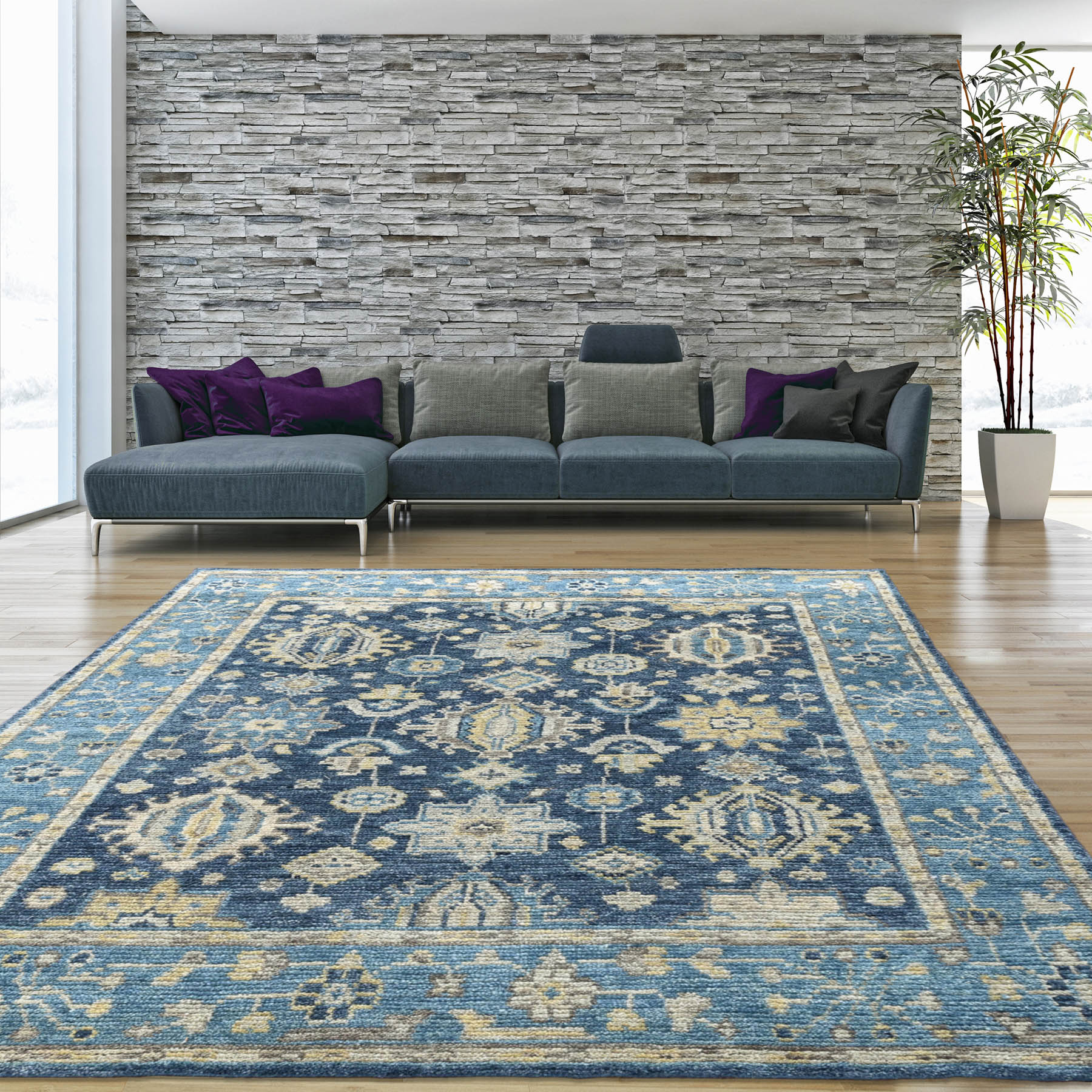 8x10 Blue, Beige Hand Knotted 100% Wool Turkish Oushak Transitional Oriental Area Rug