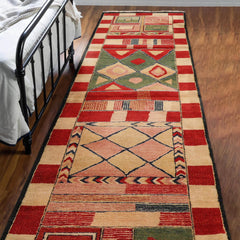 2' 7''x12' 3'' Red Green Navy Color Hand Knotted Tibetan 100% Wool Modern & Contemporary Oriental Rug