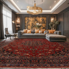 Pewitt Palace Hand Knotted 100% Wool Kashan Traditional Oriental Area Rug Burnt Orange, Midnight Blue Color