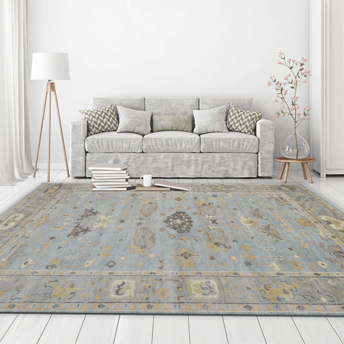 8' 11''x11' 11'' Light Blue Gray Tan Color Hand Knotted Turkish Oushak  100% Wool Transitional Oriental Rug