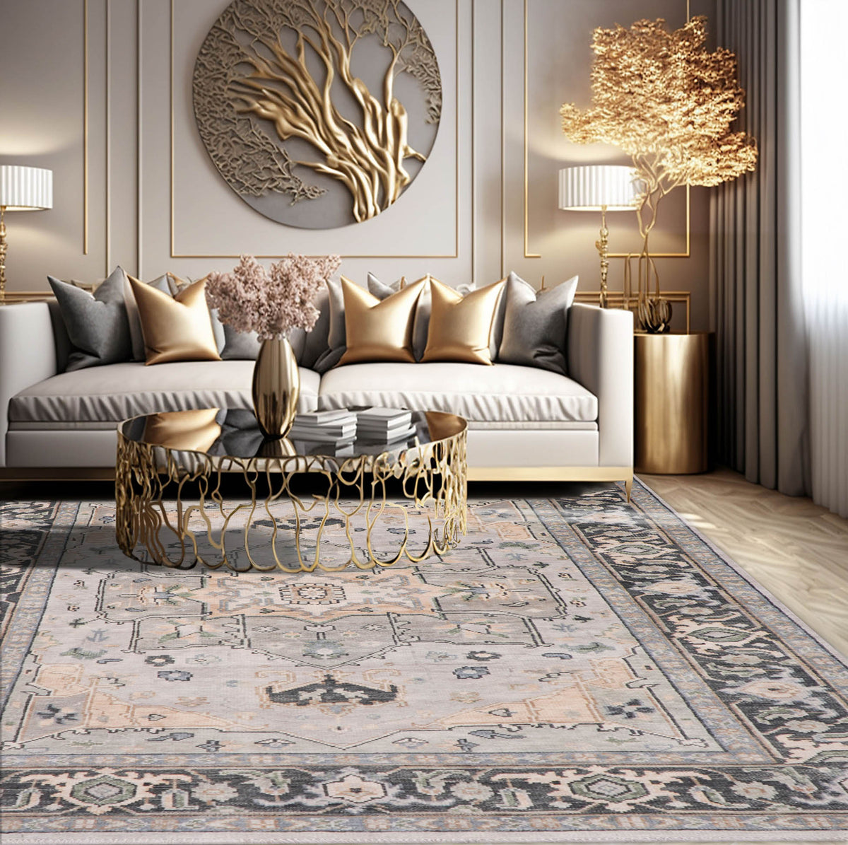 8' 11''x12' 1'' Beige Gray Tan Color Hand Knotted Turkish Oushak  100% Wool Transitional Oriental Rug