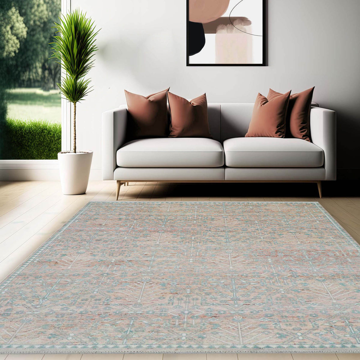 10' 2''x12' 11'' Blush Aqua Ivory Color Hand Knotted Turkish Oushak  100% Wool Transitional Oriental Rug