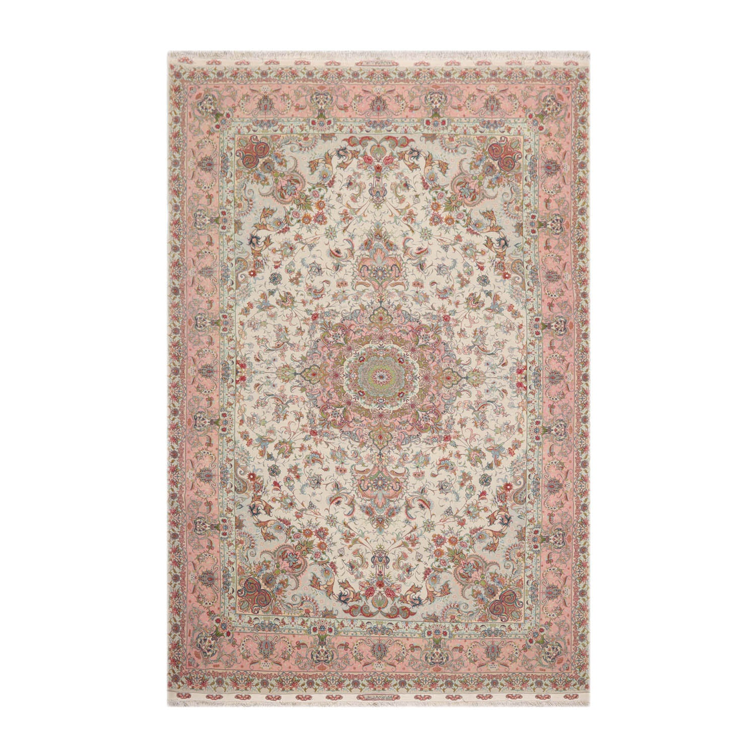 Victoria 6x9 Hand Knotted Wool and Silk Traditional Tabriz Master Weaver Signed 400 KPSI Oriental Area Rug Ivory, Blush Color
