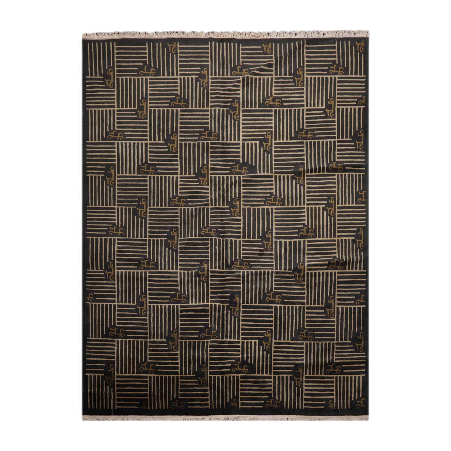 Sobieski 9x12 Hand Knotted Tibetan 100% Wool Transitional Oriental Area Rug Charcoal, Beige Color