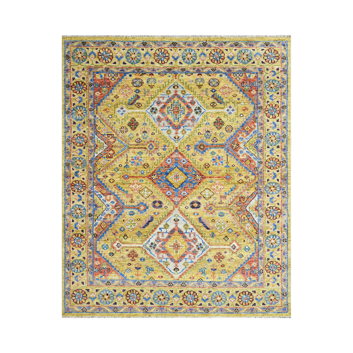 8' x10'  Gold Burnt Orange Blue Color Hand Knotted Indo Oushak  100% Wool Traditional Oriental Area Rug