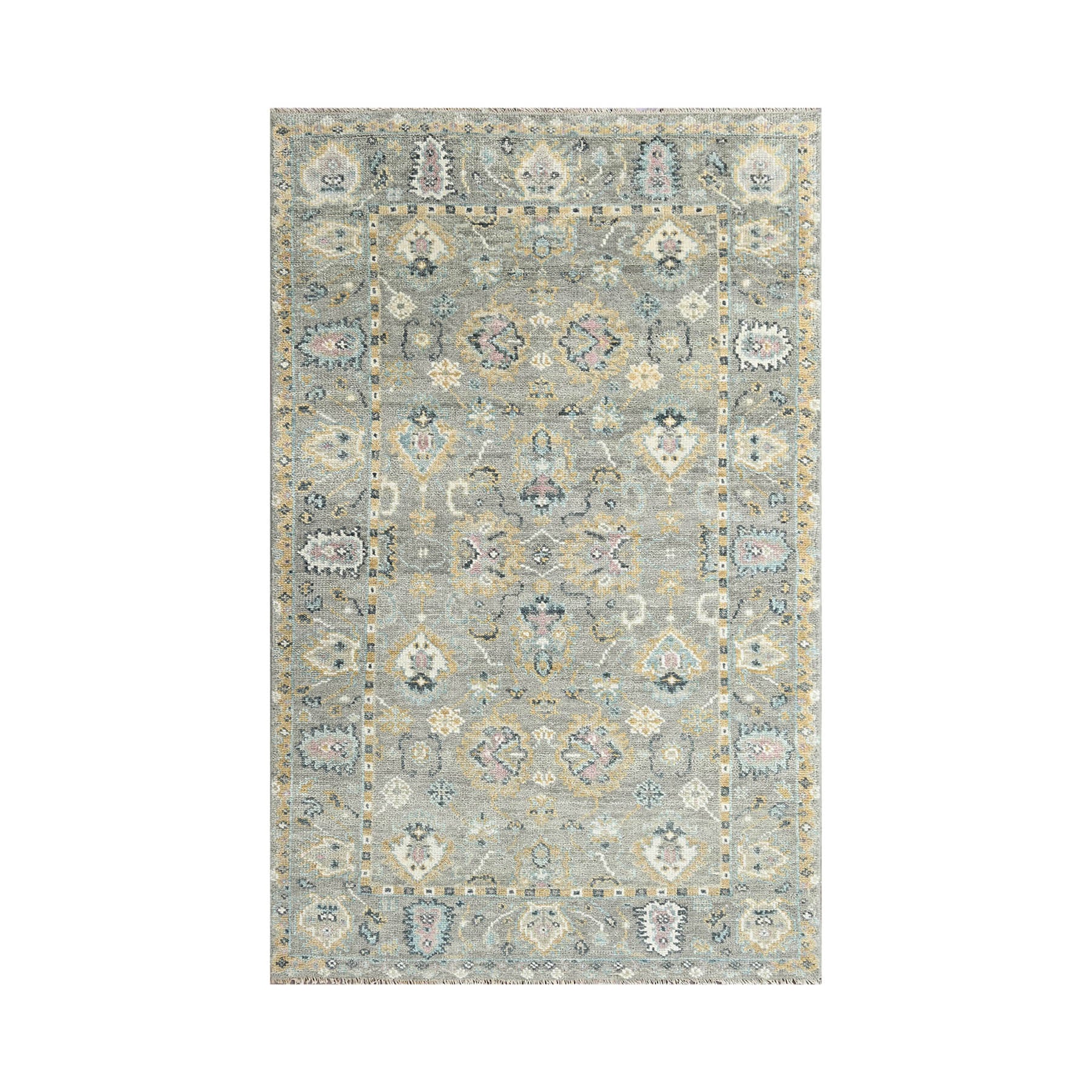 2' 7''x8' 5'' Gray Light Gold Ivory Color Hand Knotted Indo Oushak  100% Wool Traditional Oriental Area Rug