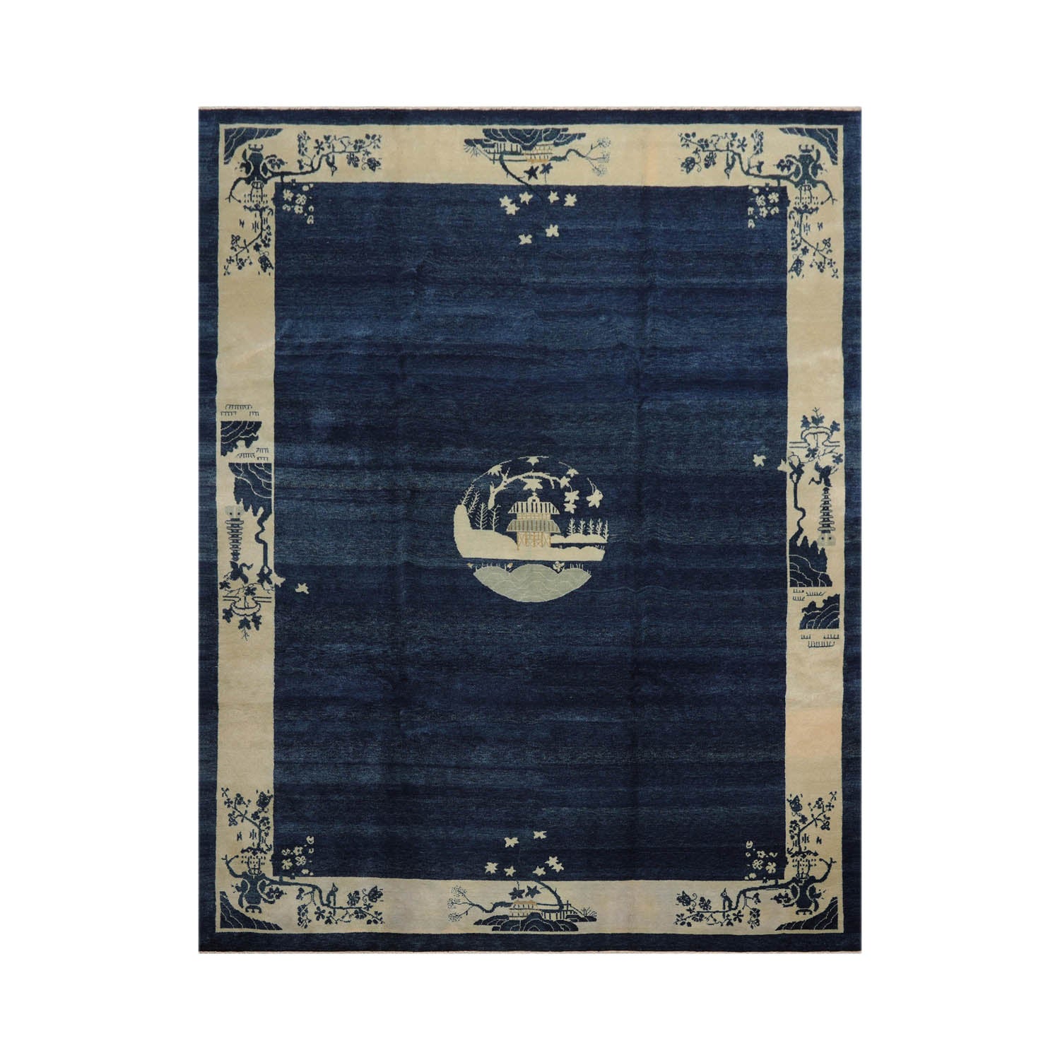 Sharonne 9x12 Hand Knotted Tibetan 100% Wool Michaelian & Kohlberg Chinese Art Deco Oriental Area Rug Navy Blue, Ivory Color