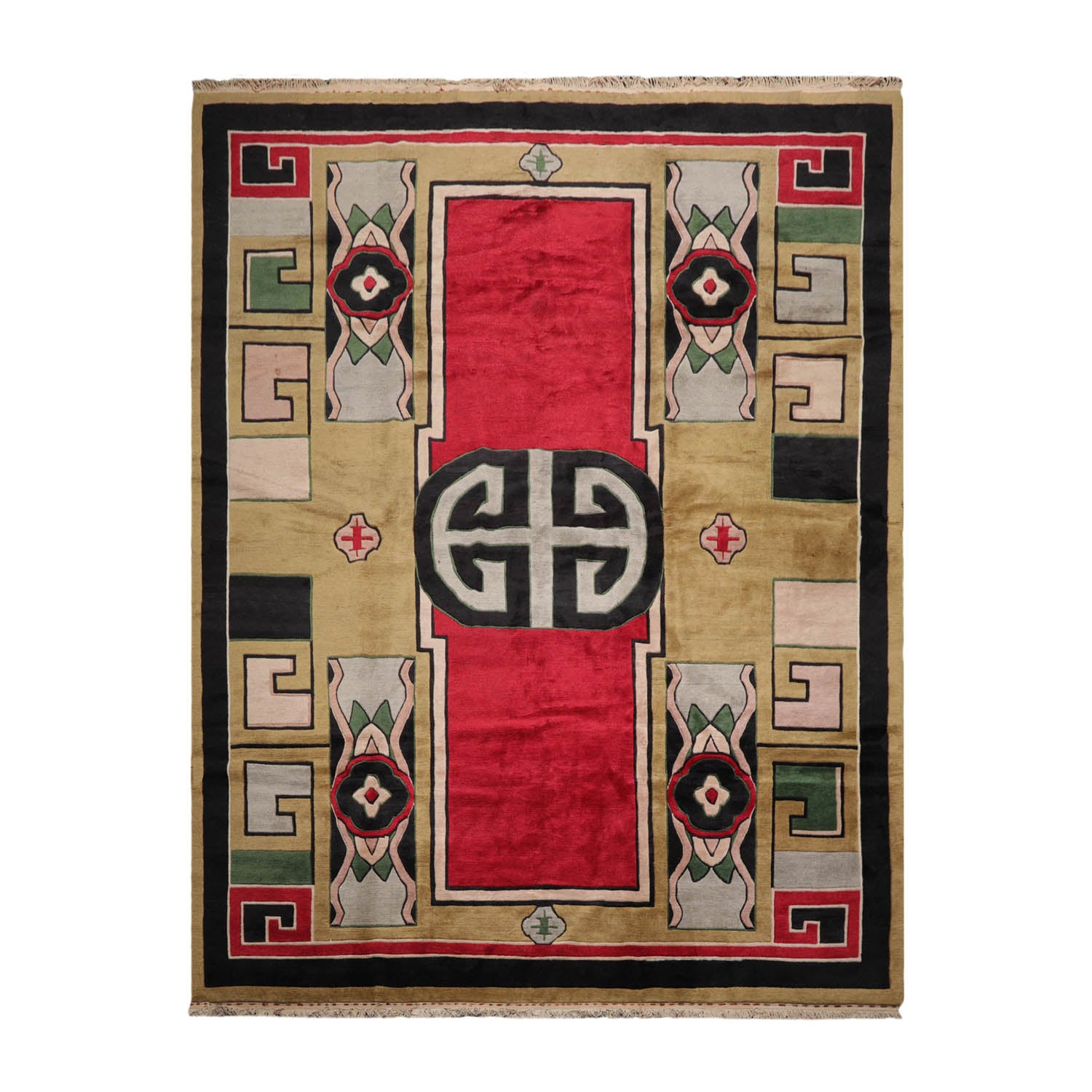 Englewood 10x14 Hand Knotted Tibetan 100% Wool Art Deco Oriental Area Rug Pistacchio, Red Color