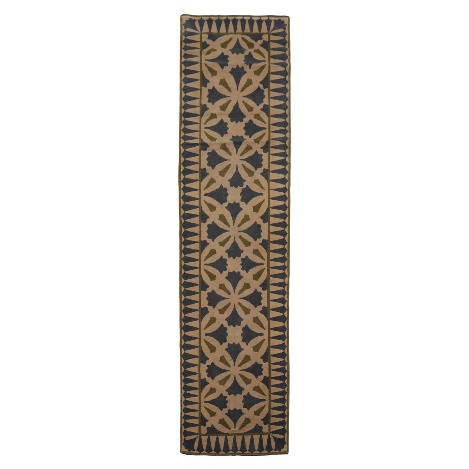 Isabelline Runner Hand Knotted Tibetan 100% Wool Lapchi Heliodoro Arts & Crafts Oriental Area Rug Beige, Green Color