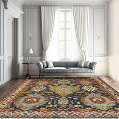 Hassler 8x10 Hand Knotted Turkish Oushak  100% Wool Transitional Oriental Area Rug Navy, Beige Color
