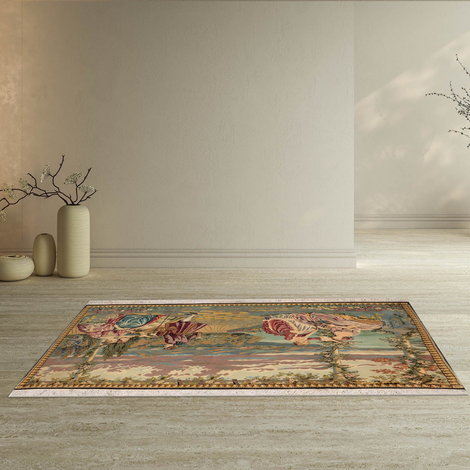 Tynemouth 3x5 Hand Knotted 100% Wool French Tapestry Pictorial 300 kpsi Oriental Area Rug Beige, Black Color